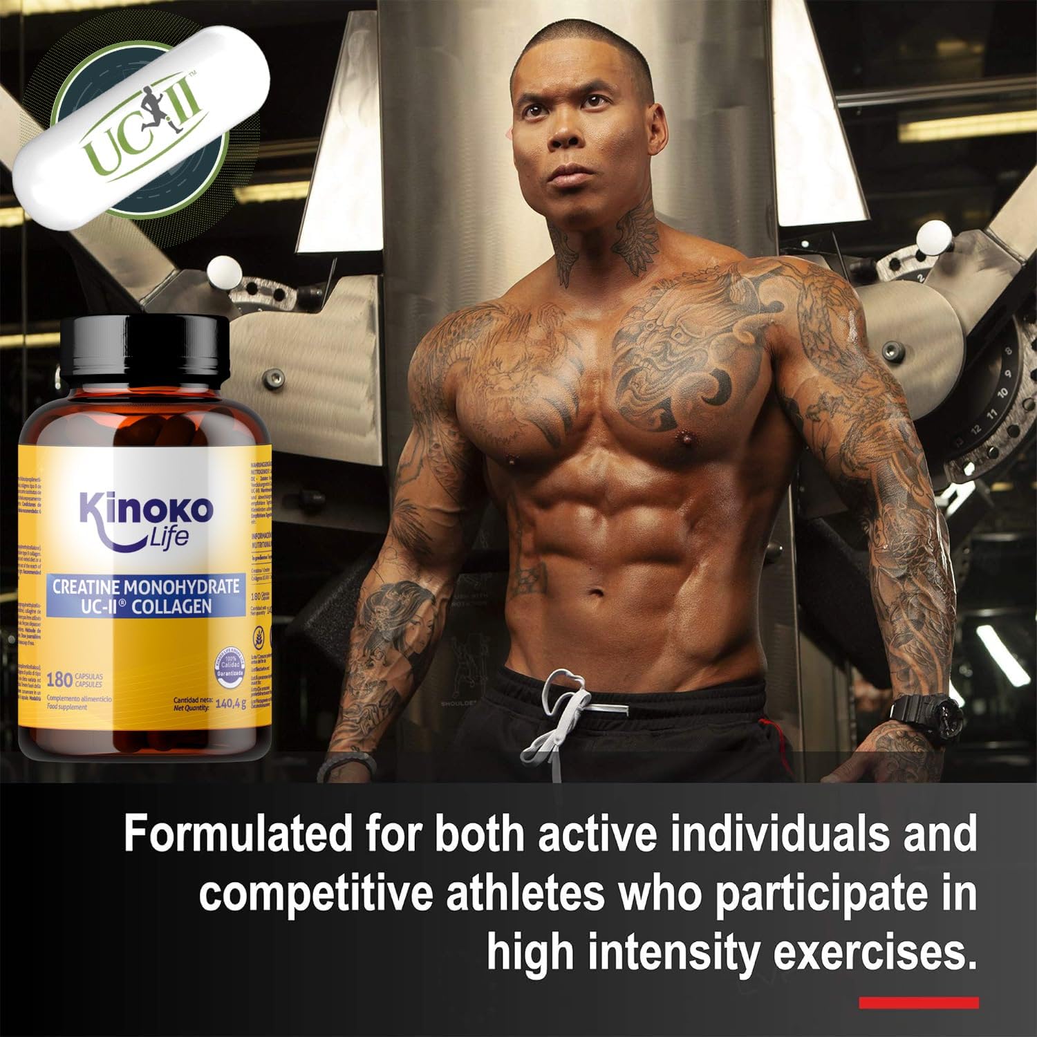 Kinoko Life Creatin Monohydrat Kapseln 3000mg & UCII Kollagen – 180 Kapseln – Kreatin und Creatine Monohydrate für Pre Workout Booster und Gym – Hochdosierte Creatin Kapseln mit Kreatin Pulver 6