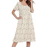 Ekouaer Cotton Nightgowns for Women Short Sleeve House Dress Pleated Night Gown Button Sleep Shirt Ladies Nightdress