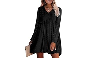 KIRUNDO Womens Dresses 2024 Spring Summer Long Sleeve Mini Dress V Neck Flowy Casual Swiss Dot Loose Babydoll Dress