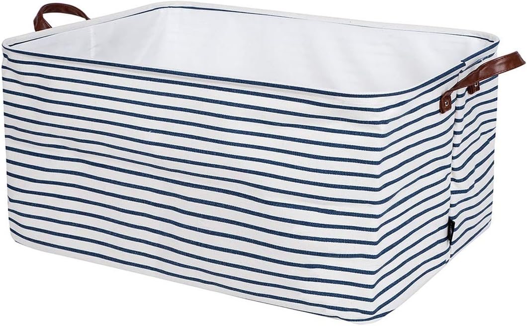 DOKEHOM 22-Inches X-Large Storage Basket with Lid, Drawstring Canvas Underbed Storage, Collapsible Laundry Hamper for Clothes (Blue Stripe, XL)