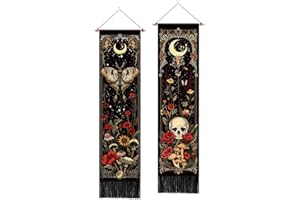 ARTCREATOR Pack of 2 Witchy Gothic Wall Bedroom Decor Moth Moon Tapestry Skull Mushroom Vertical Tapestries Retro Floral Flowers Tapestries for Bedroom Aesthetic Alt Room (12.8 x 51.2 inches)
