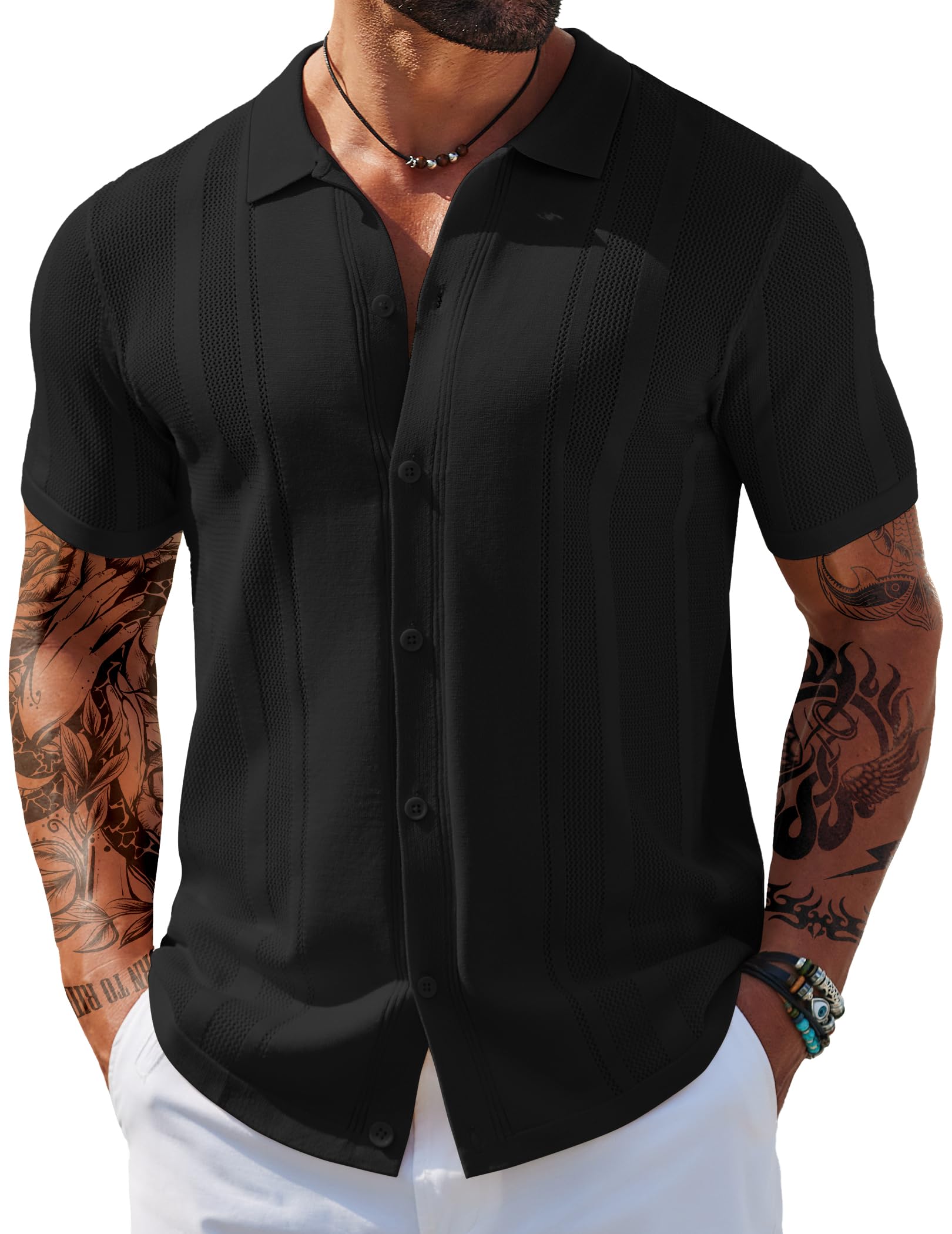 Photo 1 of COOFANDY Men's Knit Shirts Short Sleeve Button Down Polo Shirt Fashion Casual Summer Beach T Shirt Black large