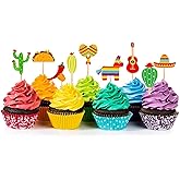 36 Pcs Fiesta Cupcake Topper Mexican Theme Cake Decoration for Mexican Themed Cactus Donkey Taco Pepper Sombrero Mustache Par