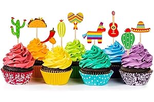BCHOCKS 36 Pcs Fiesta Cupcake Topper Mexican Theme Cake Decoration for Mexican Themed Cactus Donkey Taco Pepper Sombrero Mustache Party Decorations