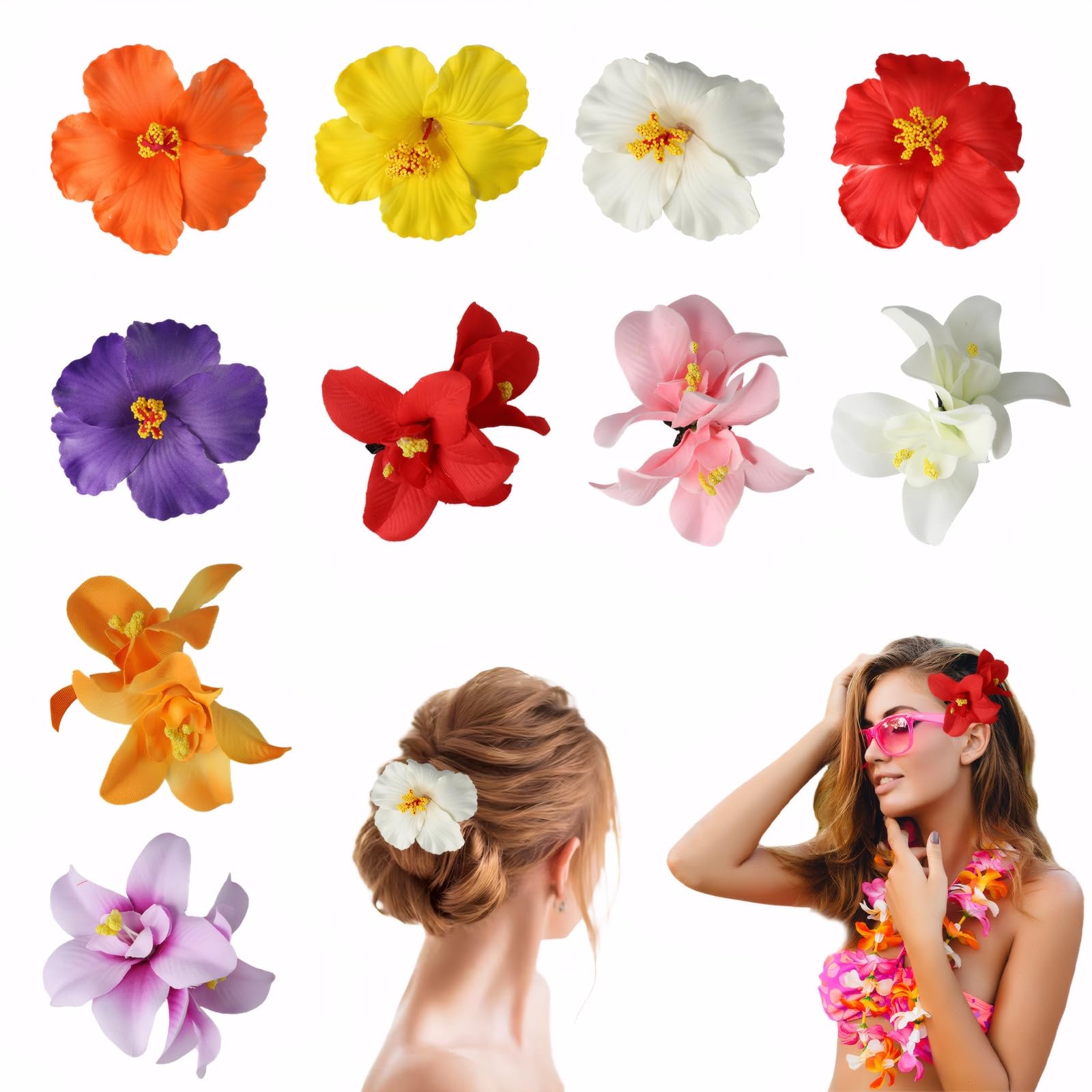 Photo 1 of 10 PCS Flower Hair Accessories, Flower Hair Clips for Women, Hawaiian Flowers for Hair Clips for Hawaiian Party Beach Vacation Pool Party Match with Various Clothing