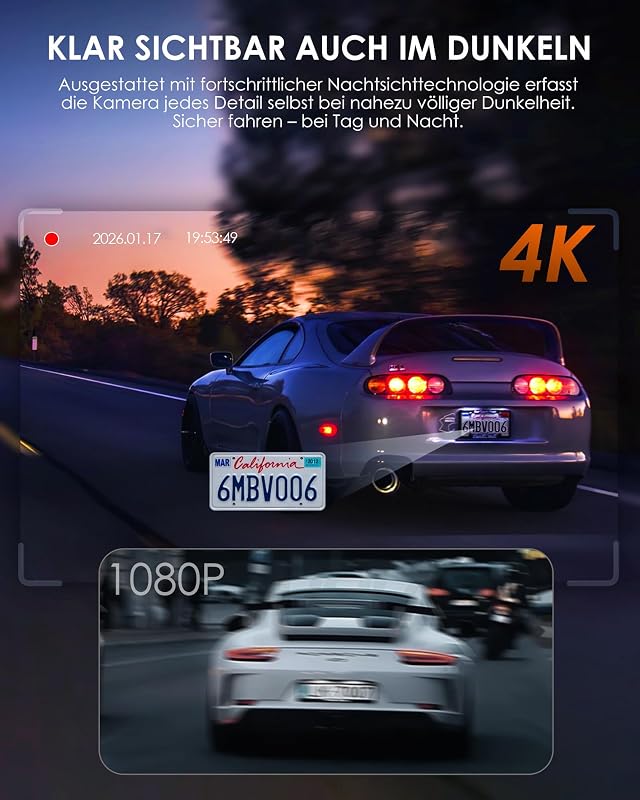 3-Kanal 4K Dashcam Auto Mit Kostenloser 32 GB Karte, 4K+1080P+1080P Vorne Hinten Innen Dash Cam Mit WDR, IR Nachtsicht, WiFi 6, Loop-Aufnahme, G-Sensor Und 24 Stunden Parkmodus