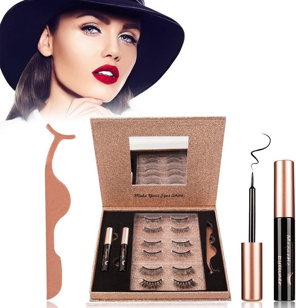 2020 Latest Magnetic Eyelash with Eyeliner, 3D Magnetic Stylish Natural Look No Glue Reusable 6 Style Eye Lash and 2 Pcs Eye liner Set with Tweezer, Waterproof Magnetic Eyeliner and Lash for Women