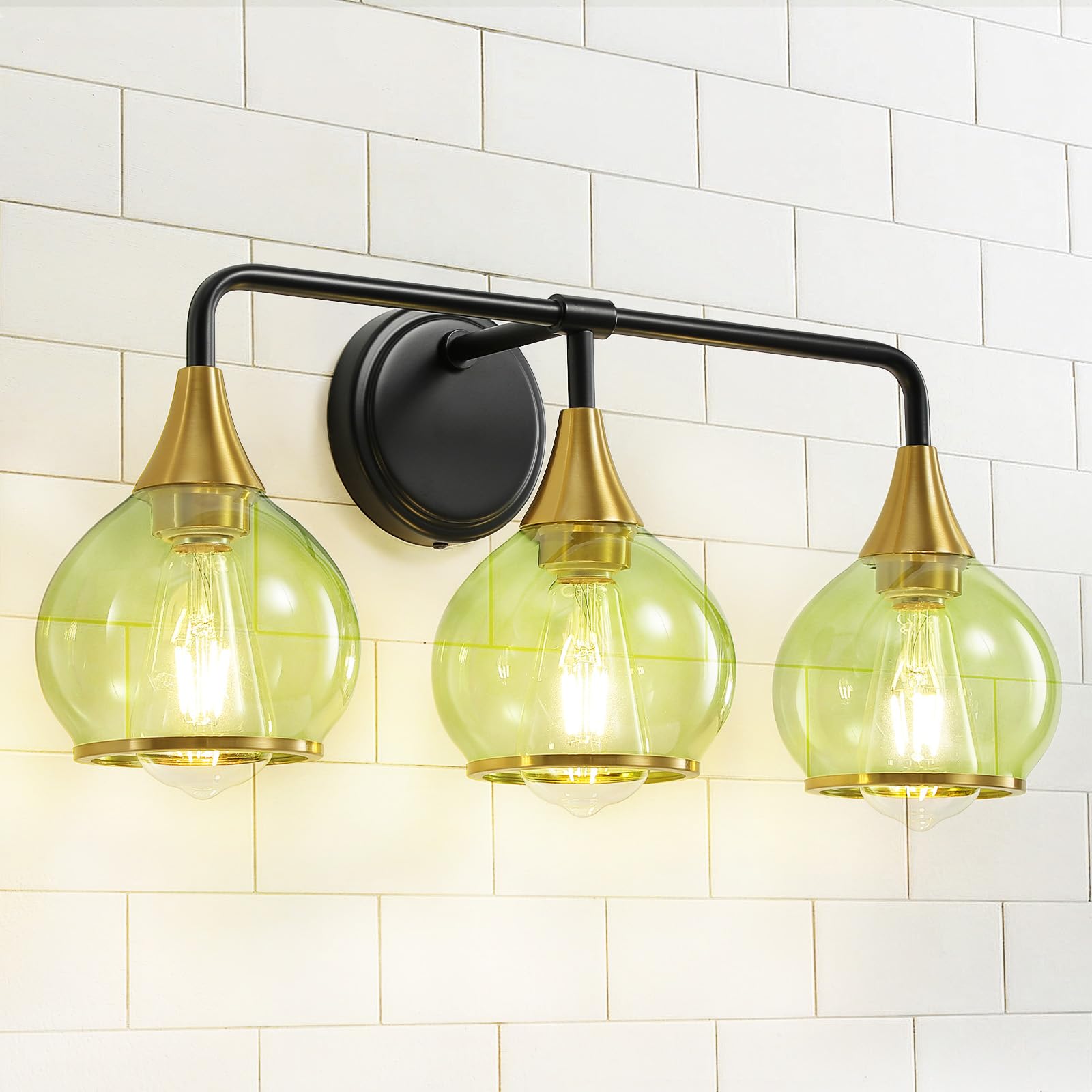 HAHZT Black and Gold Bathroom Vanity Light 3-Lights Bathroom Light Fixtures Over Mirror with Green Clear Glass Shade 22.4 inch Wall Sconce Lighting Bath(Exclude E26 Bulb) Image
