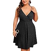 ZOMVA Plus Size 0X-4X Sparkly Glitter Sleeveless Aline Mini Dress Sparkle Wrap Spaghetti Strap Sexy Dress Cocktail Party Club