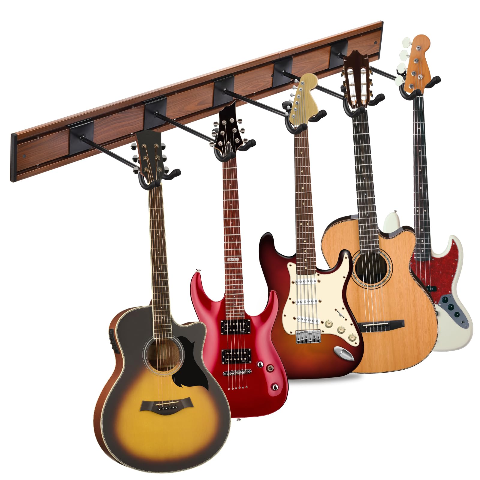 Photo 1 of MOREYES Guitar Wall Mount - Holds Multiple Guitars, 5 Rotatable Hooks - Suits Acoustic, Electric, Bass - Alloy Steel, Rosewood