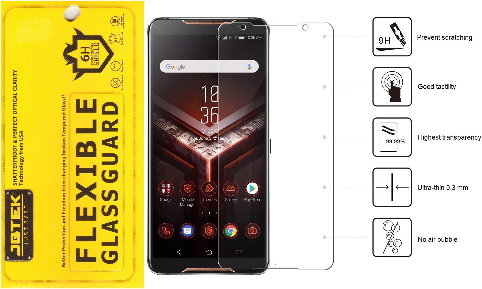 Red Qube JBTEK Hammer Proof Fiber Tempered Screen Protector for Both Front and Back with Oleophobic Coating for Asus ROG