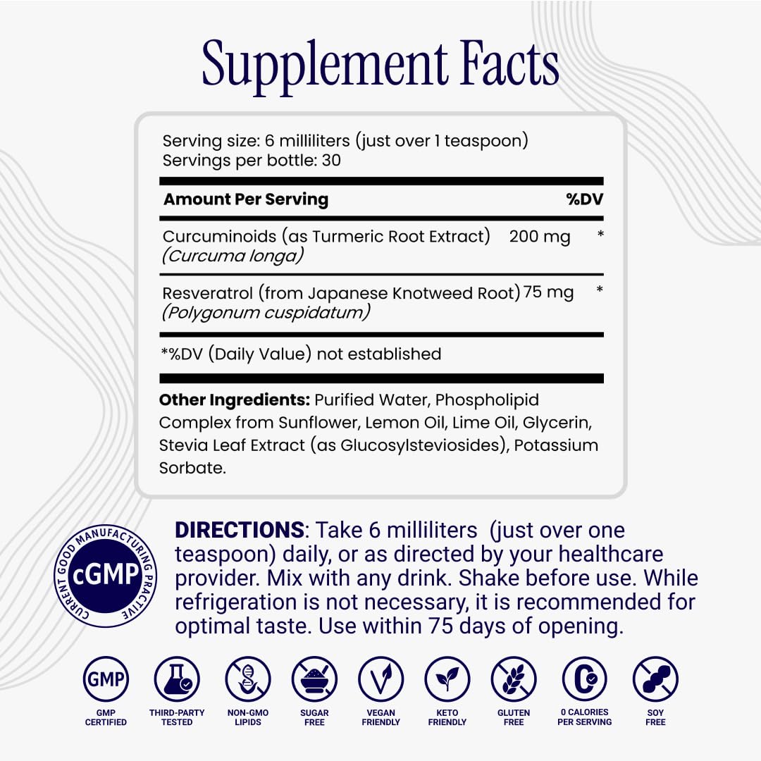 Rho Nutrition Liposomal Curcumin + Resveratrol (1 Pack) – Ultra High Absorption Liquid Curcumin Supplement – Promotes Joint Comfort, Mobility, Cellular Health and Overall Well-Being