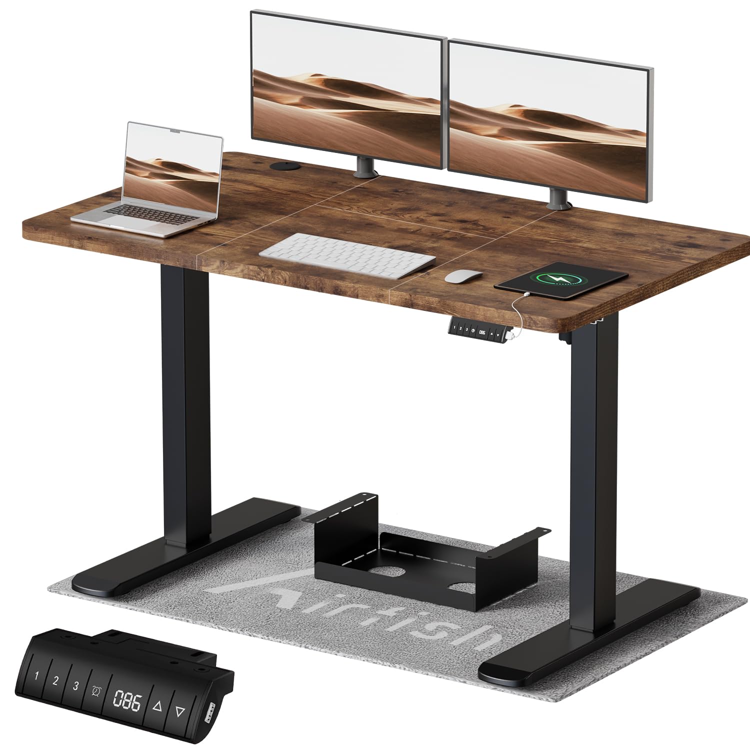 Airfish Höhenverstellbarer Schreibtisch 140x70 cm, Elektrisch Schreibtisch mit Kabelwanne, Computertisch mit USB-Buchse, Bürotisch, Stehpult mit Erinnerung an sitzende Tätigkeiten, Vintage-Braun