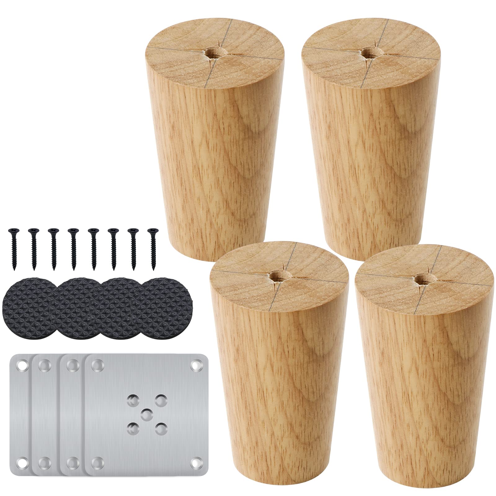 Wooden Furniture Legs, 8cm Solid Tapered Wood Sofa Legs Replacement, Furniture Feet, Cupboard Feet,Natural Solid Wood Cabinets Feet with Mounting Plate, Screws, Anti-Slip Mats