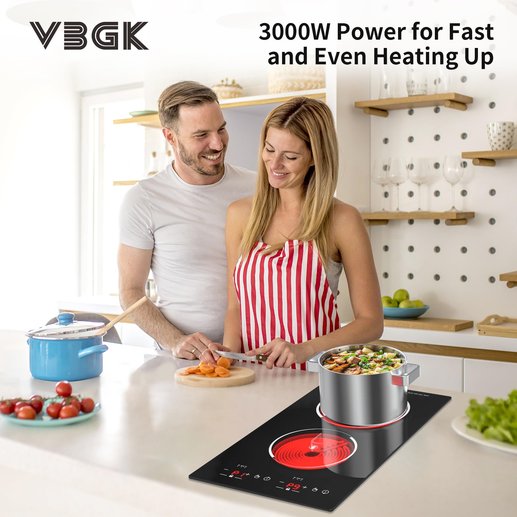 VBGK Electric Cooktop,12 Inch Built-in Radiant Electric Stove Top,110V 2100W 2 burner cooktop With 9 Heating Level, Timer & Kid Safety Lock, Sensor Touch Control 2 burner Induction Cooktop