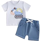 FOCUSNORM Toddler Baby Boy Summer Clothes Excavator Embroidery Short Sleeve T-Shirt Elastic Waist Shorts Set 2 Piece Outfit