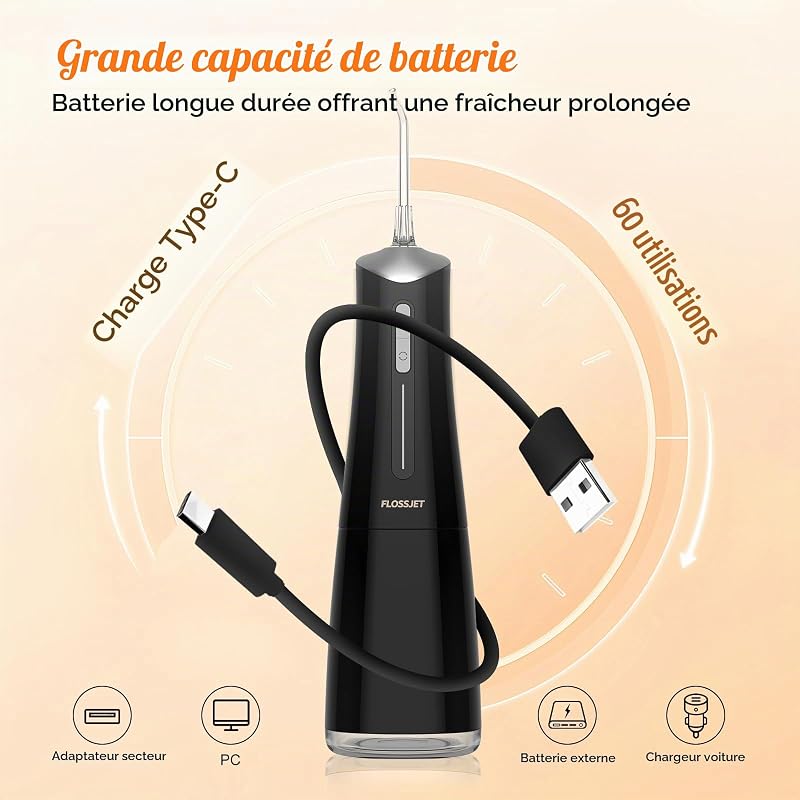 Jet Dentaire Hydropulseur,Water Flosser 4 Modes IPX7 Sans Fil