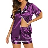 Ekouaer Silk Pajamas for Women Short Sleeve Sleepwear Soft Button Down Loungewear 2 Piece Satin Pjs Shorts Set