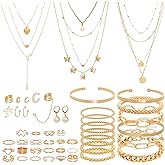 Bcxfbxd 54 Pcs Gold Jewelry Set for Women Multi Layered Necklace Knuckle Rings Stackable Bracelets Dainty Ear Clips Fashion Jewelry set Anniversary Birthday Valentine Gifts for Women Girls