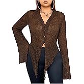 WDIRARA Women's Plus Size Bell Sleeve Shirts Button Front Collar V Neck Sexy Blouse Going Out Fall Tops