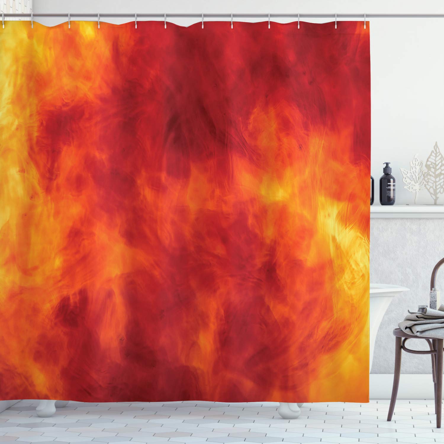 ABAKUHAUS Orange Shower Curtain, Graphic of Fire Vibrant Flames Illustration Heat Burning Theme Design Art Print, Cloth Fabric Bathroom Decor Set with Hooks, 175 x 200 cm, Orange Yellow