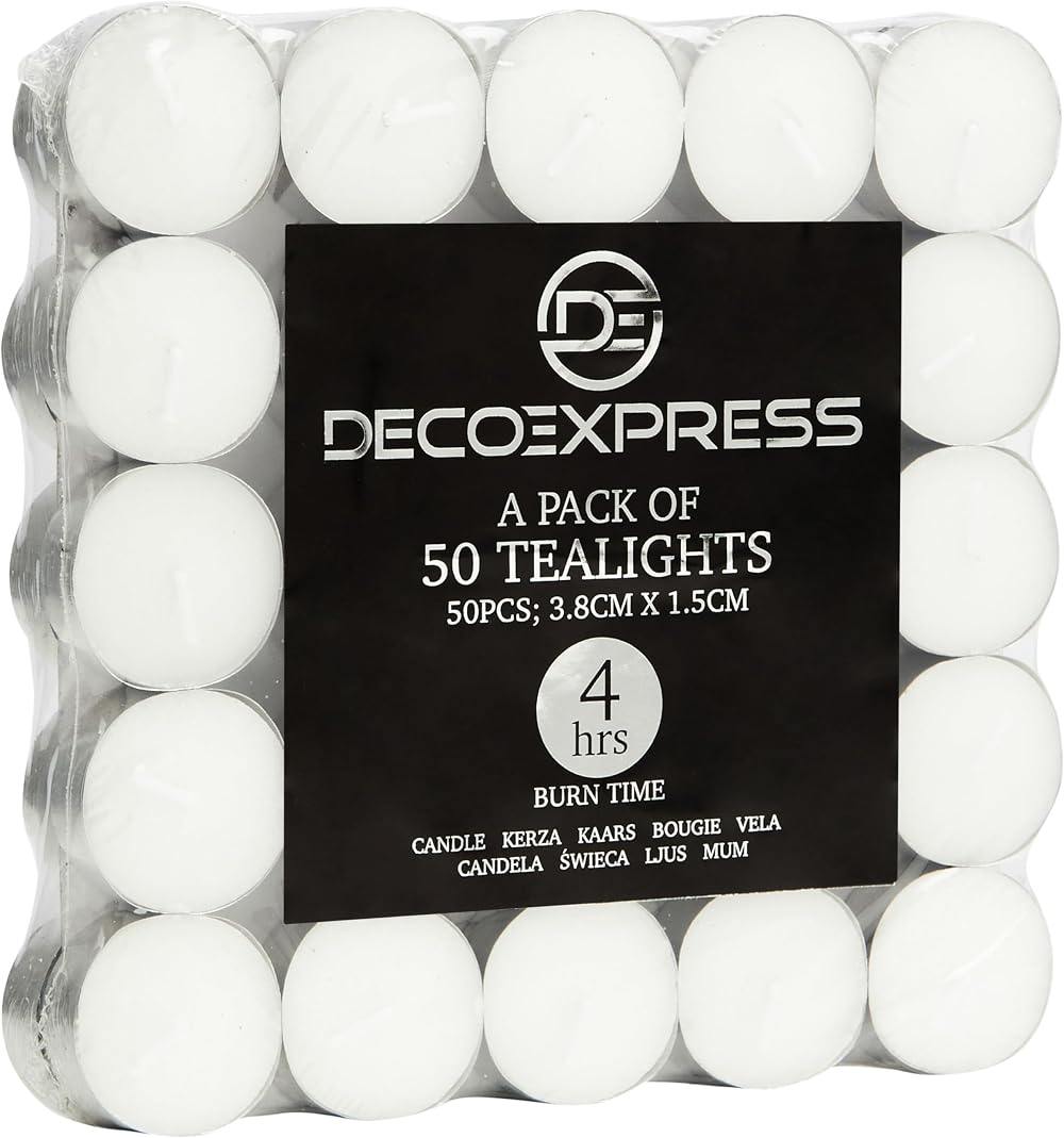 Deco Express Tea Light White Candles 50 Pieces 4 Hour Burn Time