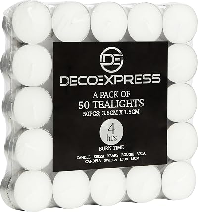Deco Express Tea Light White Candles 50 Pieces 4 Hour Burn Time