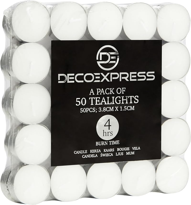 Deco Express Tea Light White Candles 50 Pieces 4 Hour Burn Time