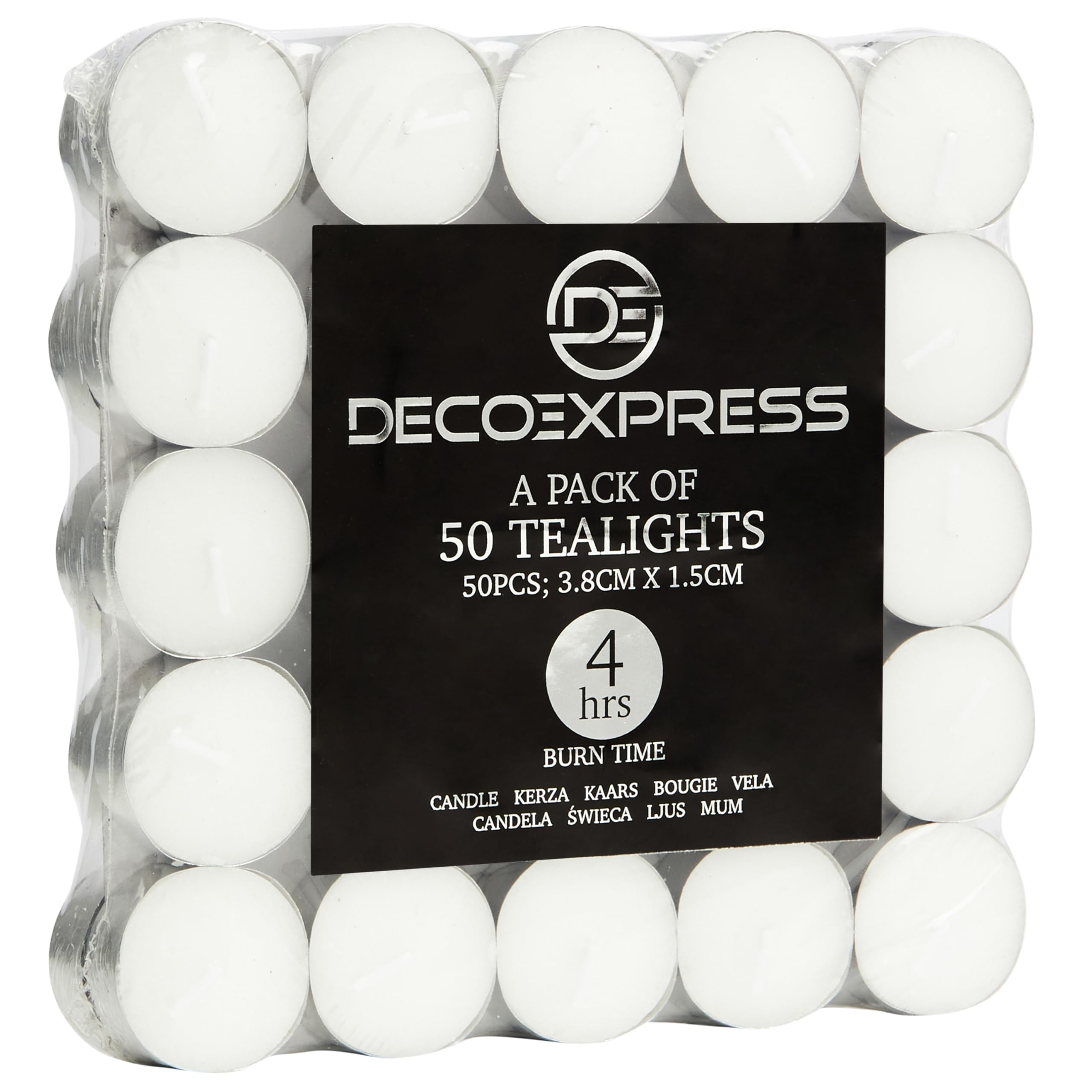 DECO EXPRESS Tealight Candles Multipack of 200, 100, 50, 25 or 24, Burning Time 4, 8 or 10 Hours - Tea Lights Candles (White 50/4 Hours)