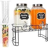Waymind 1 Gallon Glass Drink Dispensers, 2 Pack Clear Beverage Dispenser with Stand and Spigot for Parties, Drink Dispenser with Ice Core and Sticker for BBQ, Picnic, Lemonade Dispenser
