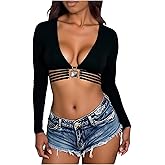 SHENHE Women's Sexy Deep V Neck Long Sleeve Crop Top Low Cut Slim Fitted Going Out Shirt Tee