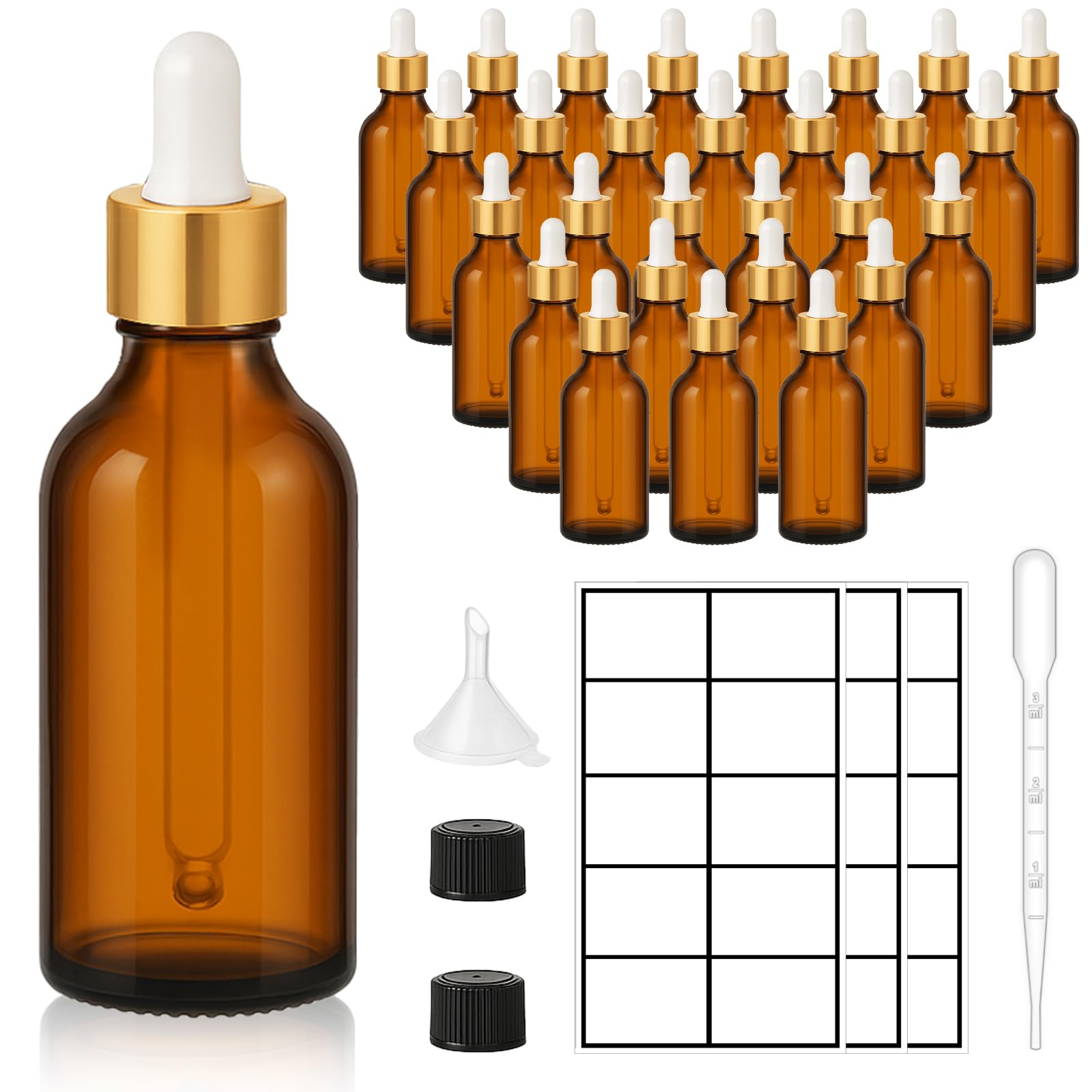 Photo 1 of UPBUD 28 Pack 2oz Amber Glass Dropper Bottles with Gold Lids, Funnels, Droppers, Extra Caps & Labels – Leakproof, UV Resistant 60ml Empty Bottle for Tinctures, Essential Oils, Beard & Hair Oils