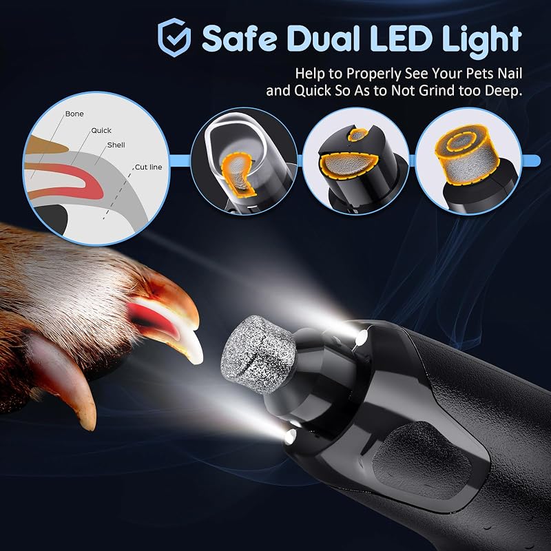 Nagelfeile für Hunde, verstellbar, 6 Geschwindigkeitsstufen, Nagelfräser für Hunde, mit doppeltem LED-Licht, Nagelfräser für Haustiere, wiederaufladbar, Nagelfeile für Hunde über USB