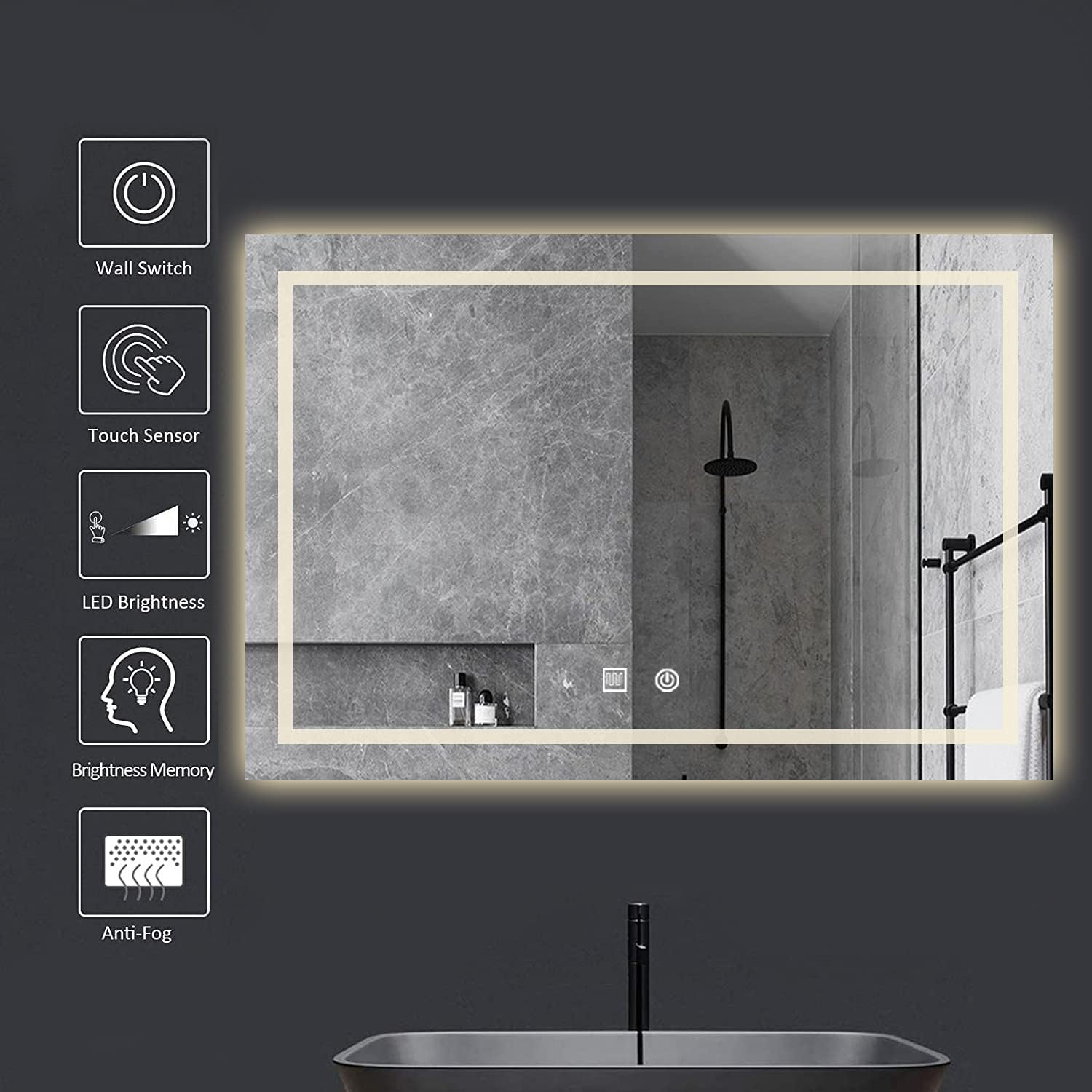 FITOLOGY Rectangle LED Bathroom Mirror Anti Fog Dimmable, Wall Mounted Vanity Mirror with Lights, IPX4 Waterproof Smart Makeup Mirror Large (36"x28"): Kitchen & Dining