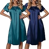 Ekouaer Satin Nightgowns for Women 2 Pack Silk Nightgown Pleated Loose Night Shirts Short Sleeve Sleep Shirts