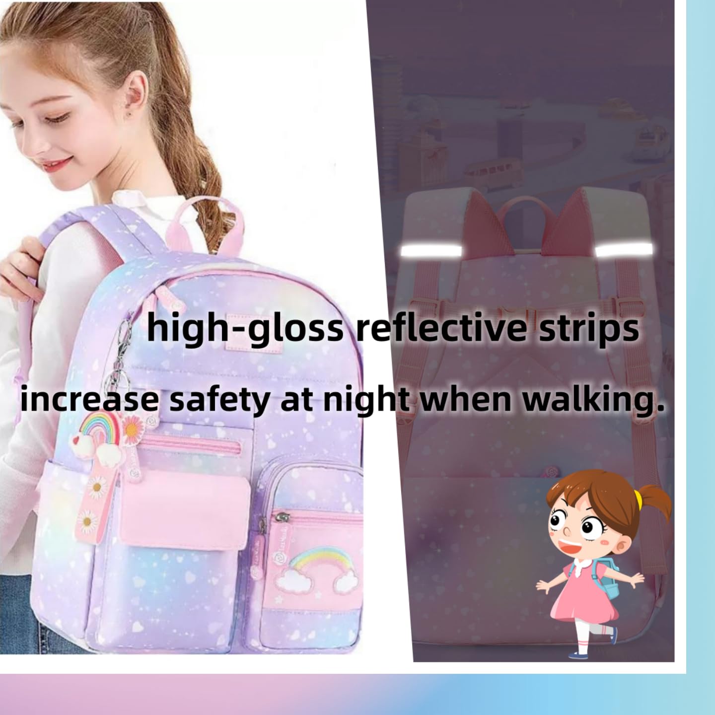Girls Backpack, School Backpacks Rainbow,Kawaii Kids Backpack,Book Bag for Elementary Primary School With Pen Bag