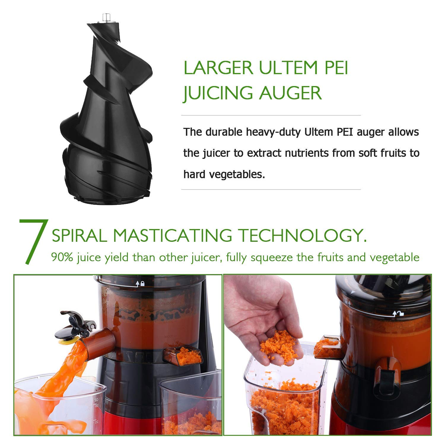 Slow Masticating Juicer Caynel Cold Press Extractor with 3" Wide Chute