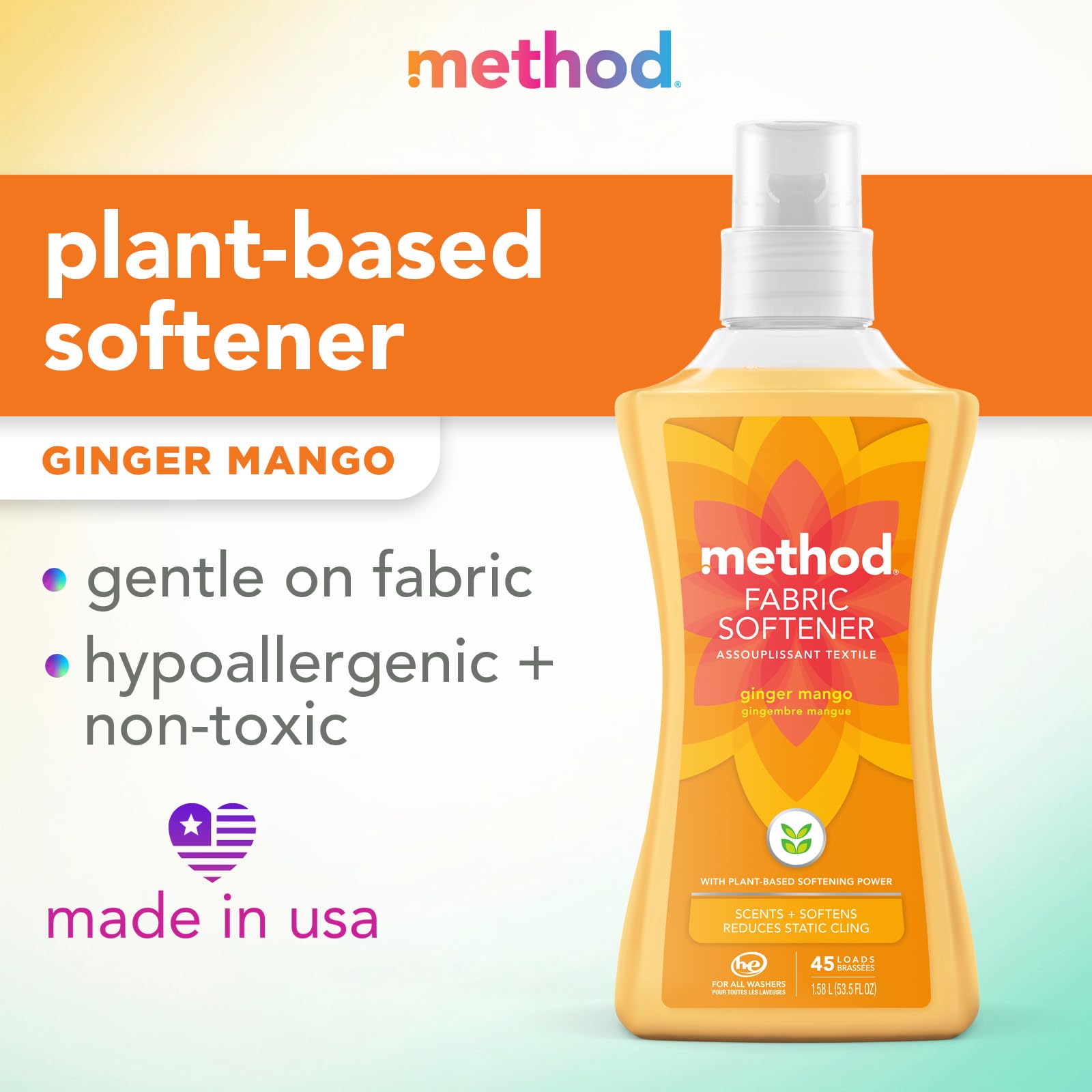 Method Fabric Softener; Ginger Mango; 53.5 Ounces; 45 Loads; 1 pack; Packaging May Vary