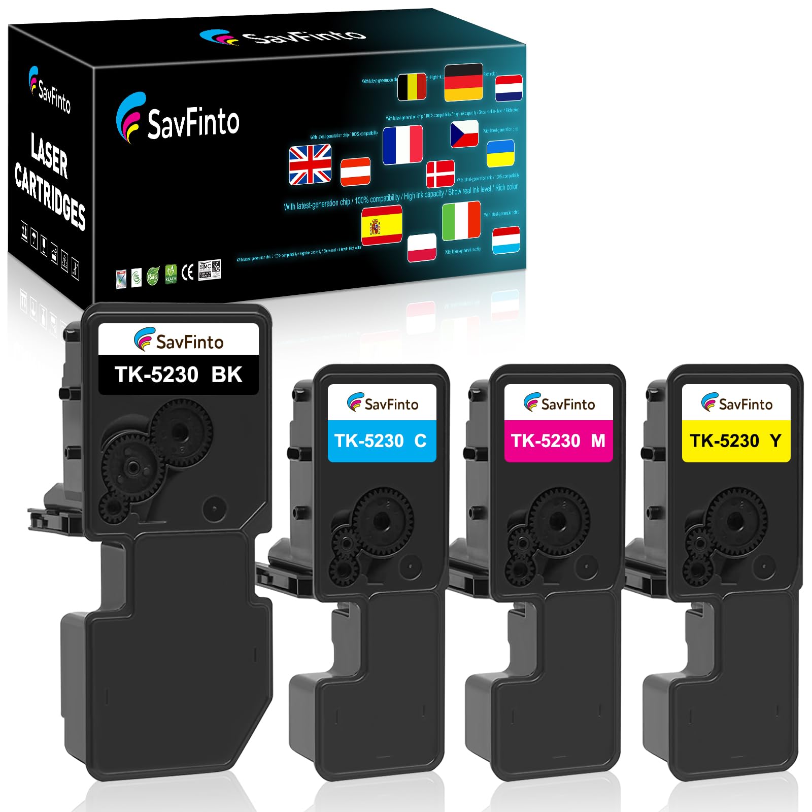 SavFinto TK-5230 Toner Cartridges Compatible for Kyocera ECOSYS M5521cdn Replacements for Kyocera TK5230 TK5220 for ECOSYS M5521cdw M5521cdn P5021cdn P5021cdw (1 Black, 1 Cyan, 1 Magenta, 1 Yellow)