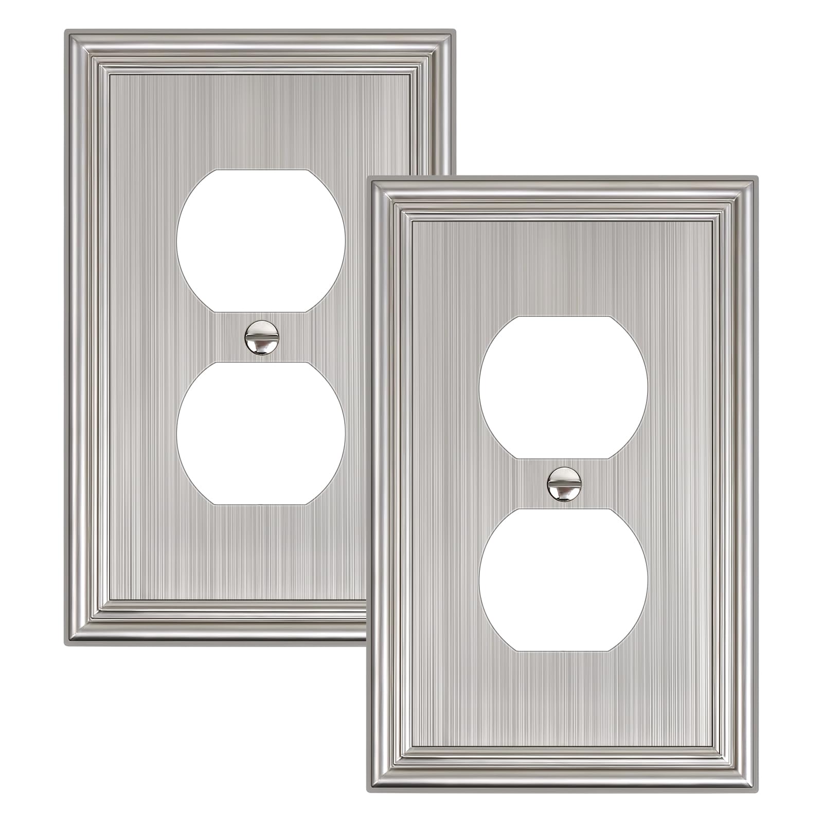 Photo 1 of 2-Pack Single Duplex Outlet Cover Plate, Decorative Brushed Nickel Switch Plates and Outlet Covers, Metal Wall Plates for Electrical Outlets, 1 Gang Receptacle Cover, Corrosion Resistant
