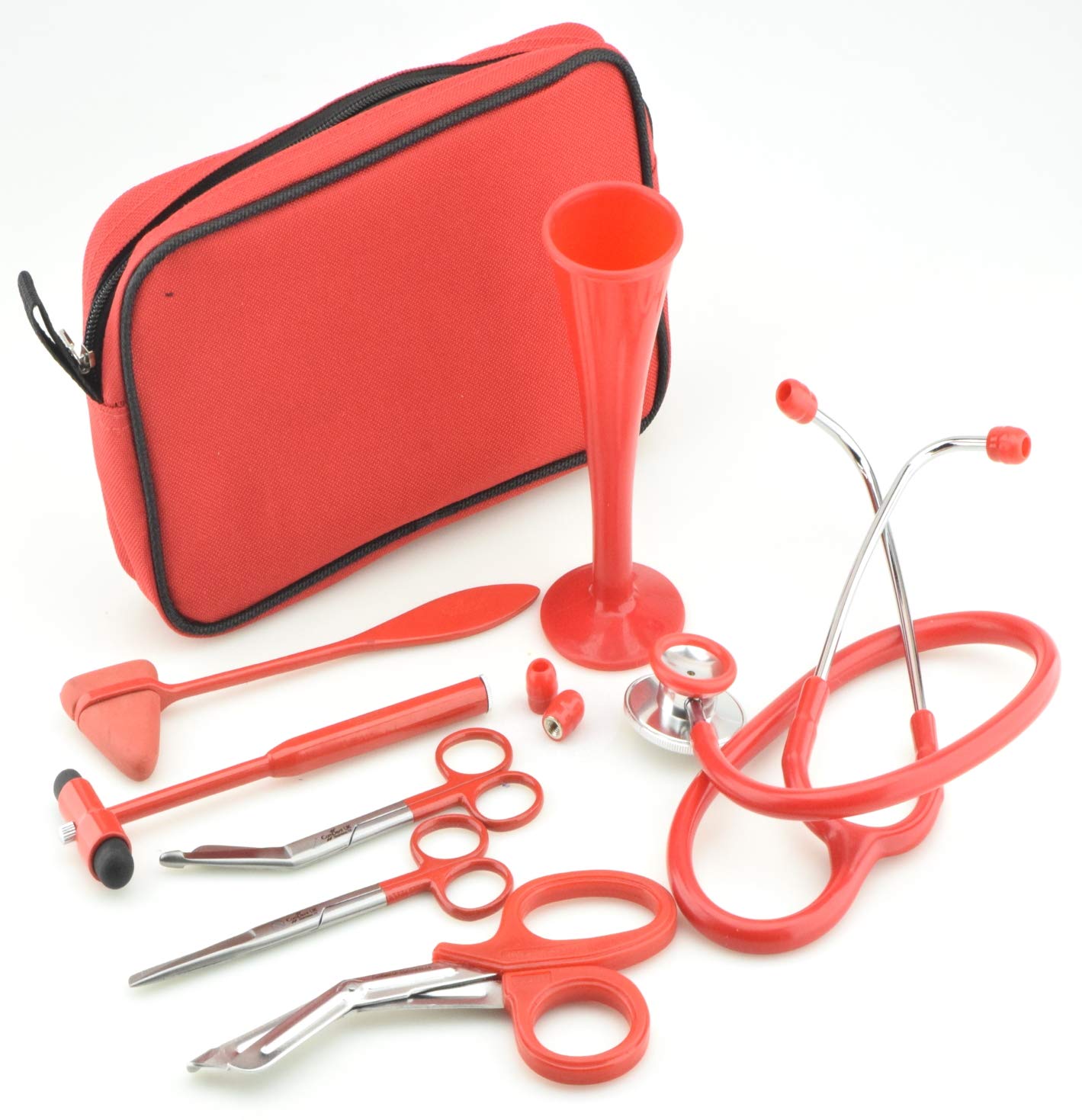 10 Pcs EMT Paramedic Doctor Nurse Diagnostic Stethoscope Scissors Set in Case Complete in 6 Colours (Red)