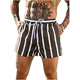 SweatyRocks Men's Striped Swim Trunks Drawstring High Waisted Quick Dry Swim Shorts with Mesh Lining and Pocket