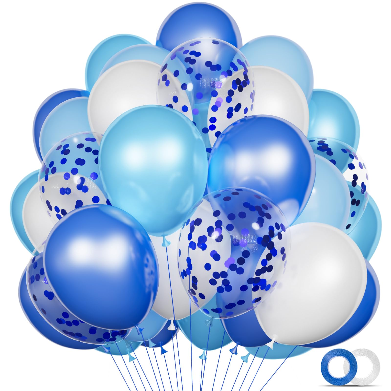 Photo 1 of 68Pcs Blue and White Balloons Kit 12 Inch, Blue Confetti Balloons Light Blue Baby Blue Pearl White Party Balloons with Ribbons for Birthday, Wedding, Baby Shower, Graduation Decorations