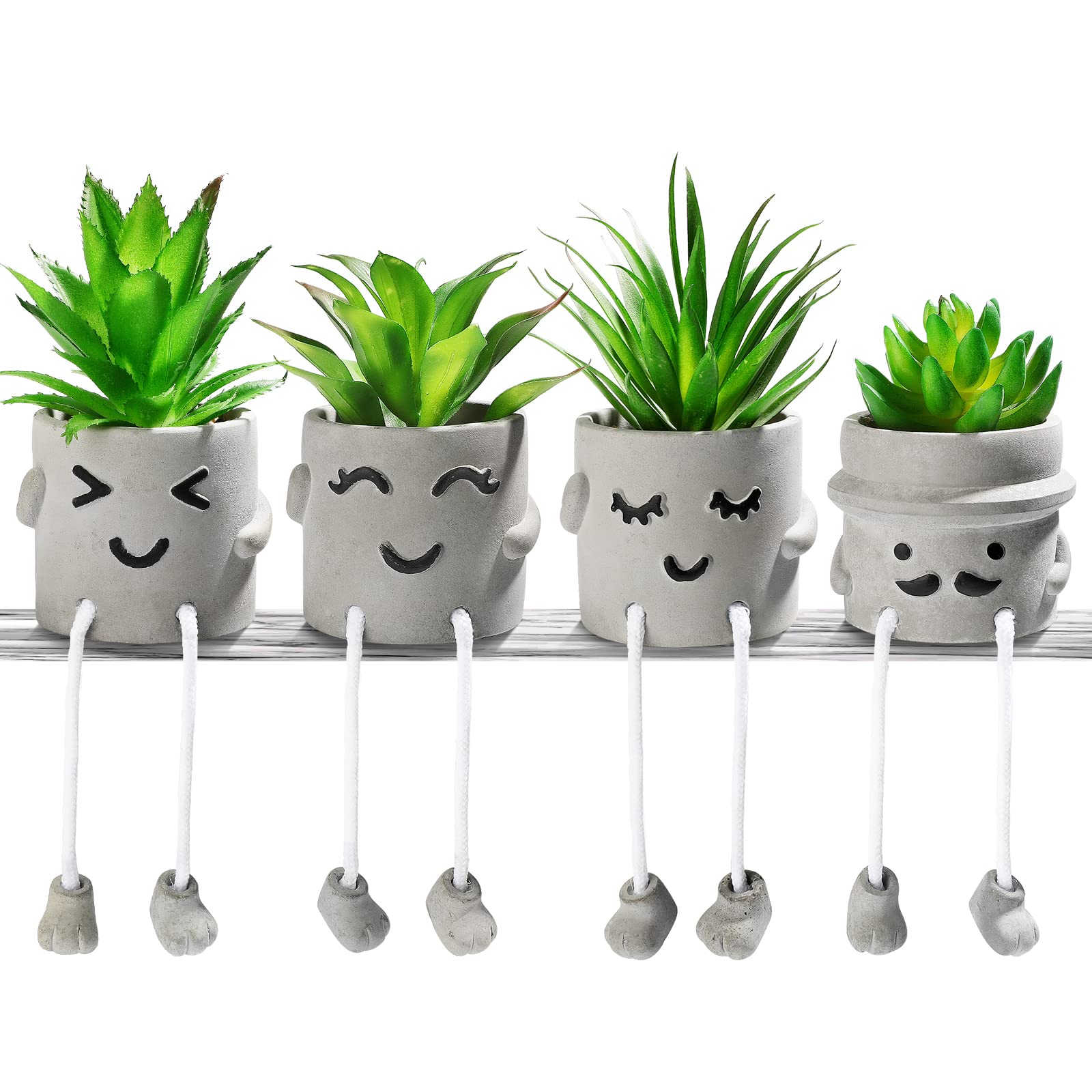 INFTYLE Creative Artificial Succulent Plants with Pots - 4 Pieces Mini Fake Plant Faux Succulent Emotional Cement Potted for Home Desk Shelf Kitchen Bathroom and Offices Decor Gift Set(4 PCS)