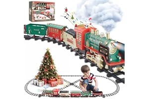 JQ JUQU JUQU Christmas Train Set - Electric Train Toys w/Smokes&Lights&Xmas Sounds, Toddler Train Sets for Kids w/Rechargeable Battery & Locomotive Engine, 4 Cars & 21 Tracks for Age 3 4 5 6 7 8+ Boys Girls
