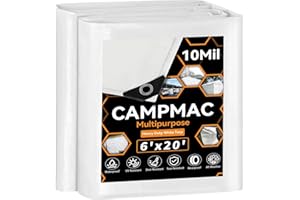 CAMPMAC White Heavy Dut Waterproof Tarp 6' x 20', 10 Mil Thick, High Durability, Rip and Tear Resistant with Metal Grommets Every 20 Inches