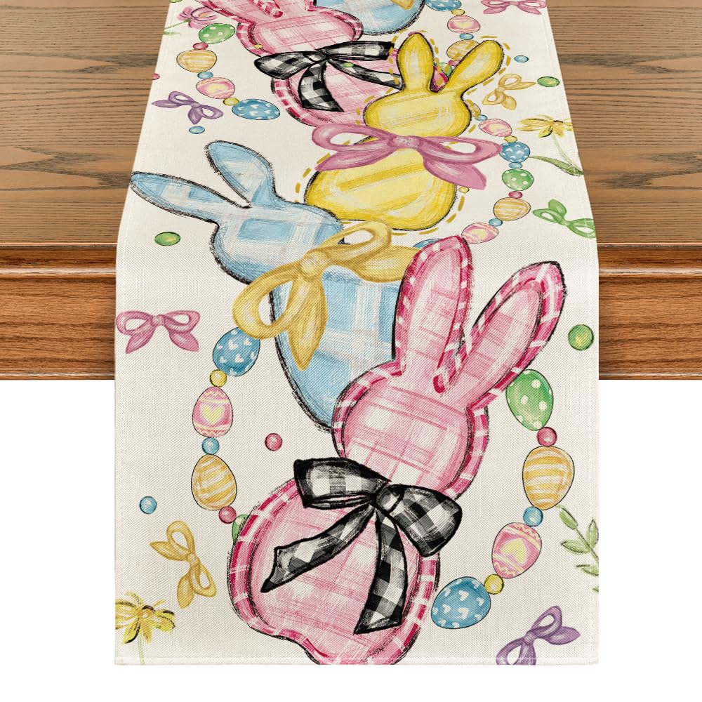 Photo 1 of Artoid Mode Floral Bow Bunny Rabbits Eggs Easter Table Runner, Seasonal Spring Kitchen Dining Table Decoration for Home Party Decor 13x120 Inch
