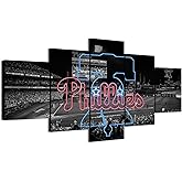 Neon effect Sign With Philadelphia Baseball Stadium B&W Panoramic Poster (5-Panel Framed Canvas Printing Full Size: 60x100cm) Home Decor Man Cave Wall Art