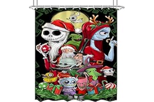 NIGHTMARE BEFORE CHRISTMAS Shower Curtain Fabric, Cool Cartoon Merry Christmas Jack Skellington and Sally Shower Curtains for Kids Christmas Bathroom Decor with 12 Hooks (Color-10)