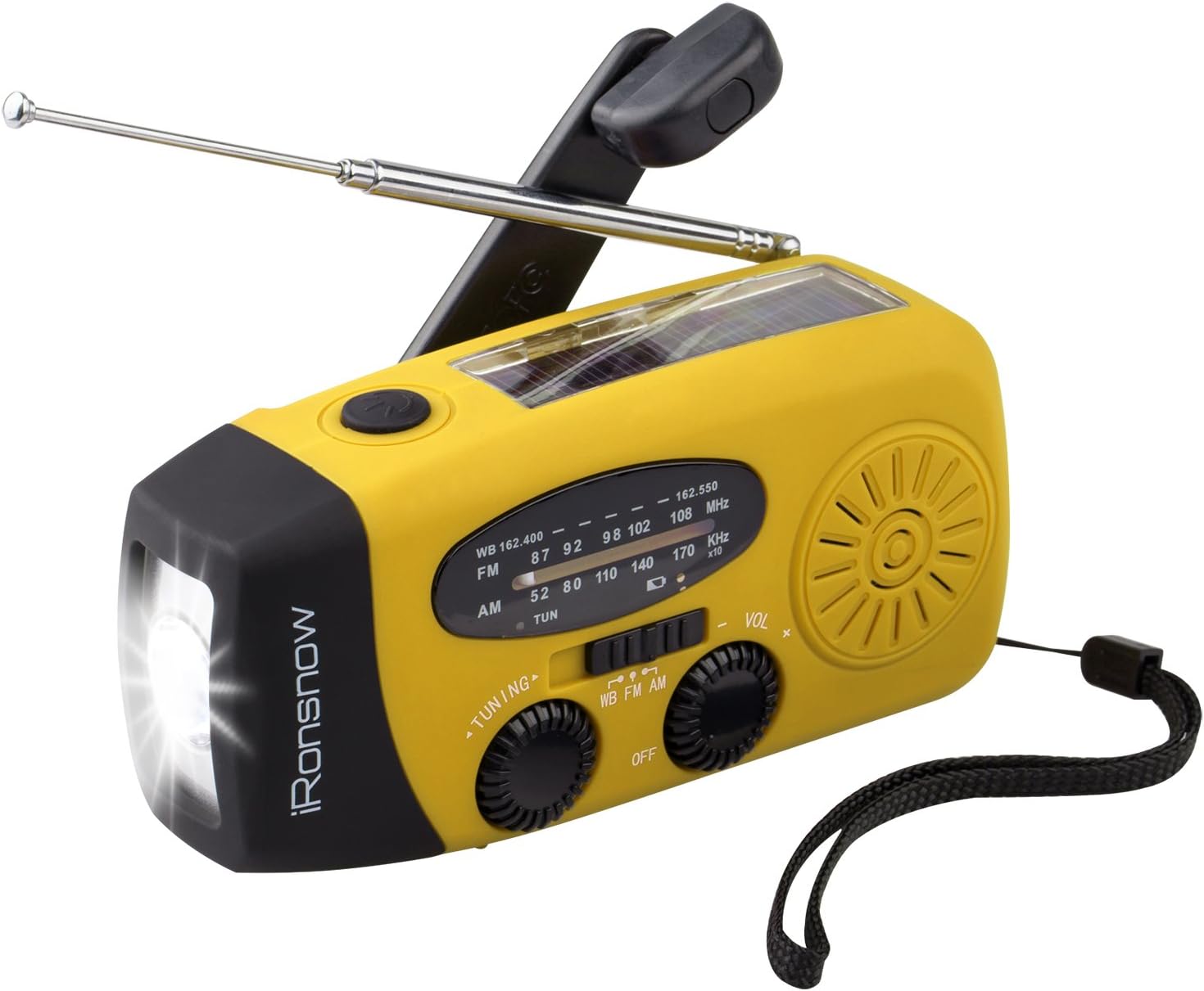 18500mWh Emergency Weather Radio, iRonsnow NOAA FM AM Hand Crank Radios, Solar Radio with SOS, Earphone Jack, 1W LED Flashlight, Self Powered Phone Charger for Camping, Survival (5000mAh Yellow)